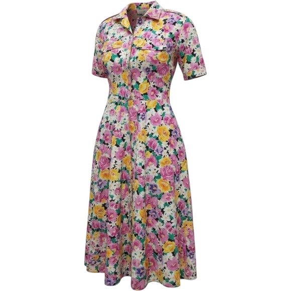 New Looks California Dresses & Skirts - Floral Shirt Dress Vintage‎ 80s Fit Flare Size 6 Pink Yellow Kentucky Derby